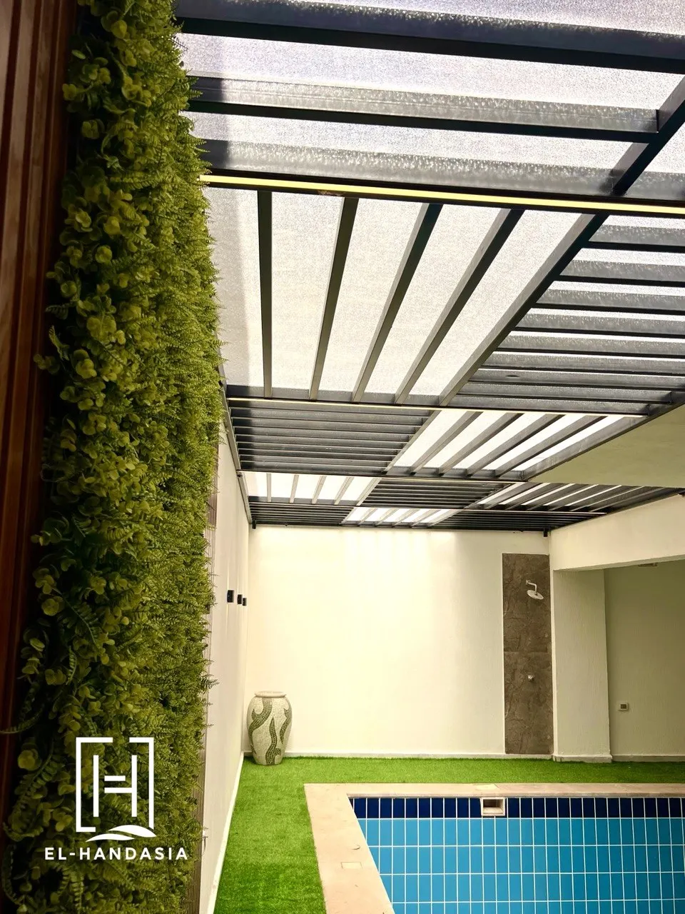 Pool edge and surrounding fern wall in a Nasr City courtyard